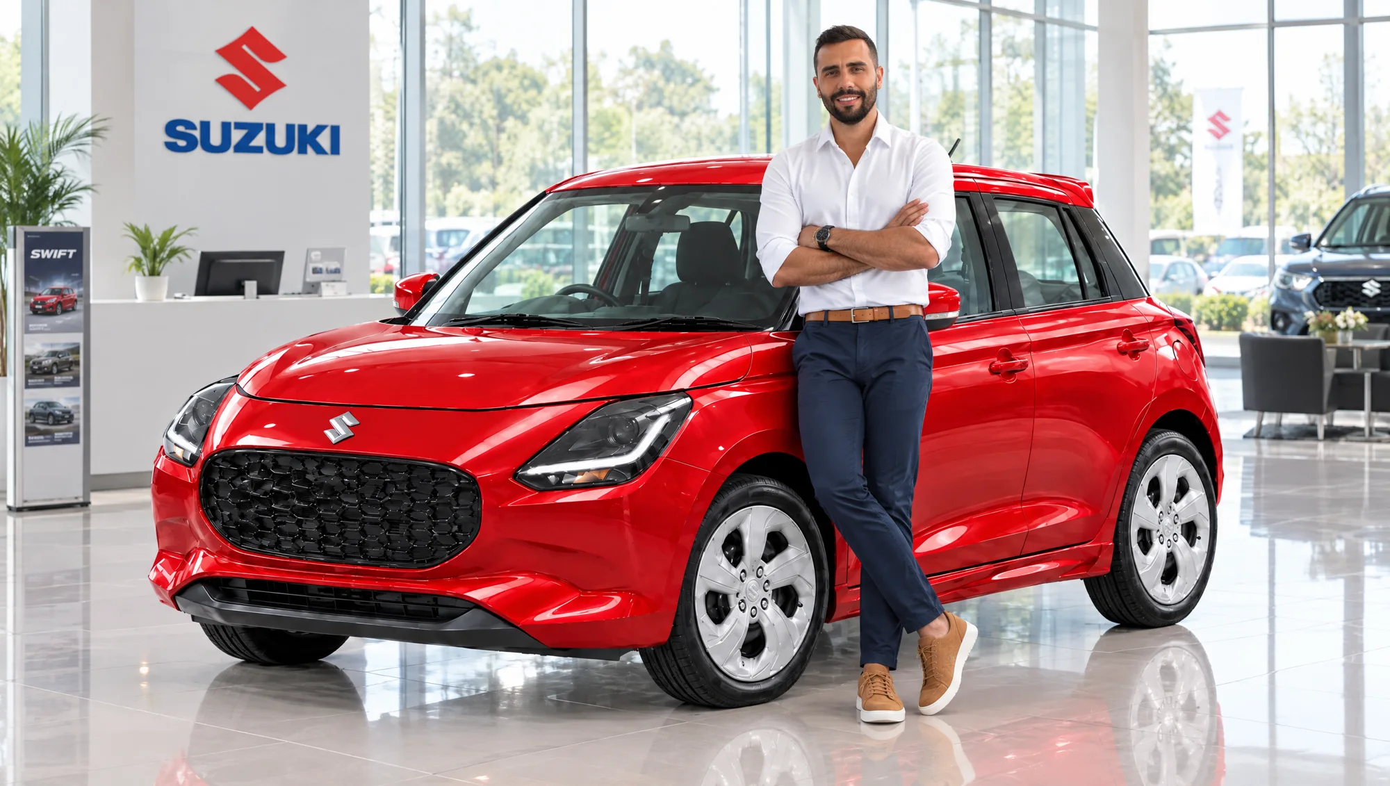 Juan Camilo, asesor Suzuki en Medellín, junto a un Suzuki Swift rojo en el showroom