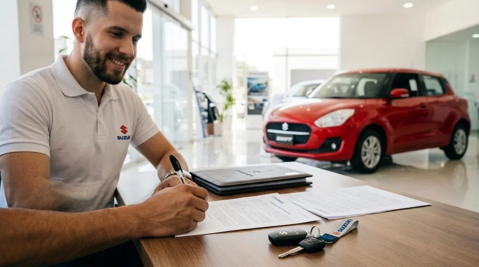 Cliente firmando el crédito de su Suzuki Swift en el showroom
